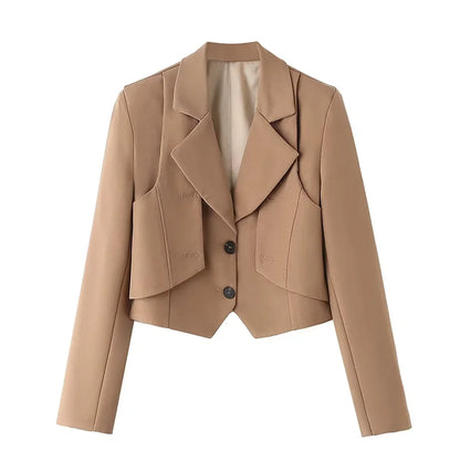 Women's Blue Blazer Jacket Vintage Office Ladies Long Sleeve Single Breasted Cropped Outerwear Suit Coat Y2k 2000s Spring Autumn
