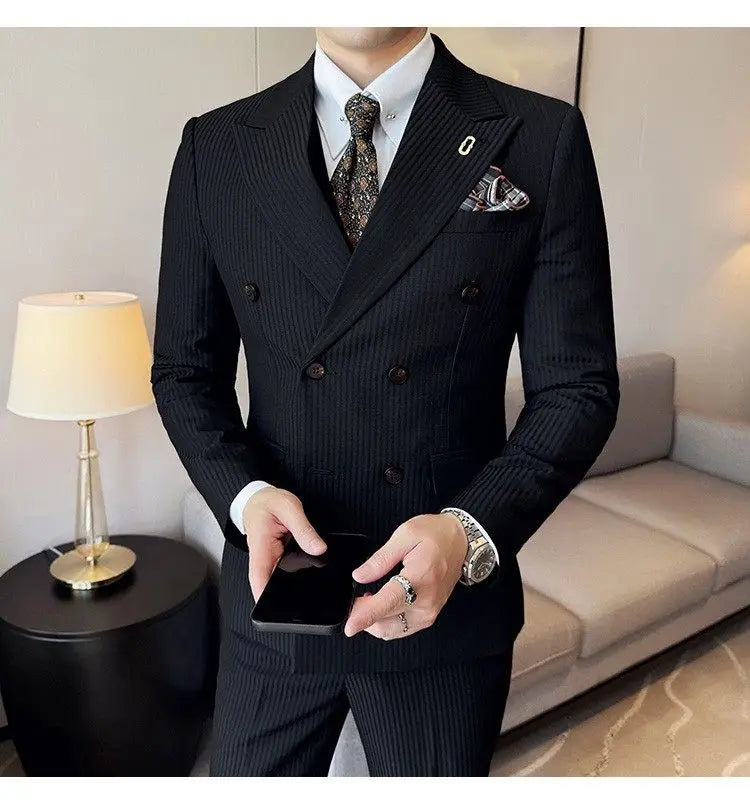 Korean Slim Fitt Wedding Suit Fashion Striped Double Breasted Suit 3 Piece Set Business Formal Casual Party Prom Host Suits
