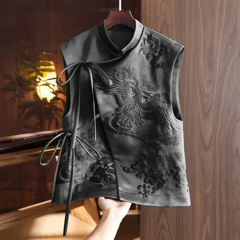 2026 Spring Summer Vintage Embroidery Green Lace Chinese Vest Jacket Chinese Style Waistcoats Outerwear Female Sleeveless Jacket