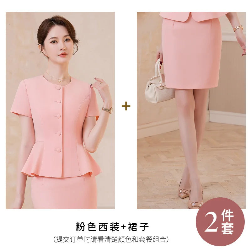 2025Summer Blue Short Sleeve Blazer Suit Professional Women's Skirt Set Short Skirt Elegant Fashion Formal Workwear