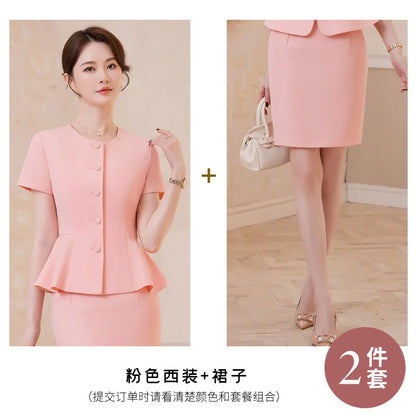 2025Summer Blue Short Sleeve Blazer Suit Professional Women's Skirt Set Short Skirt Elegant Fashion Formal Workwear