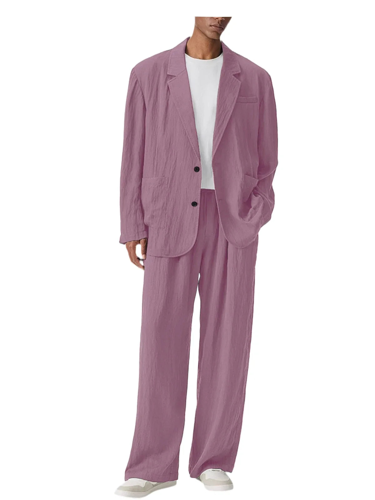 Men's Linen Blend Wrinkled Two Piece Suit Loose Two Button Blazer Wide Leg Trousers Casual Vacation Daily Soft Breathable Outfit