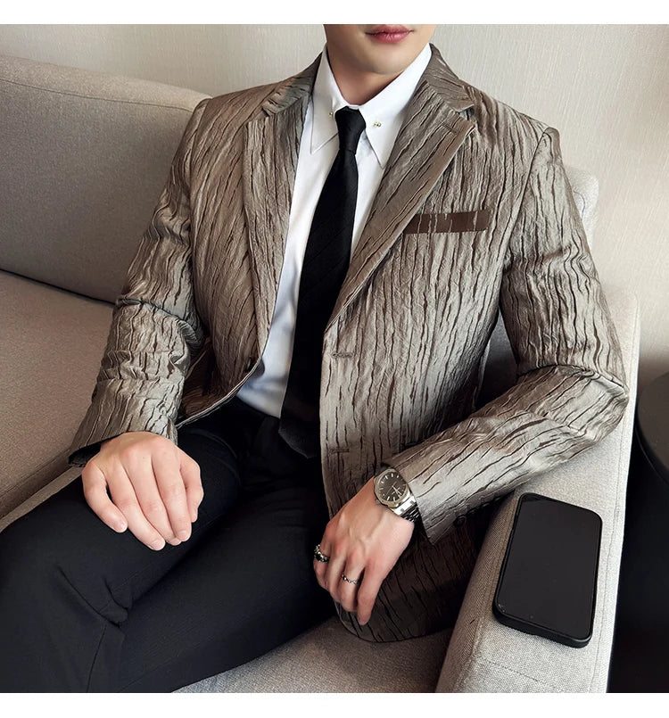 Korean Trend 3D Pleated Suit Jacket for Men Wedding Groom Business Dress Jacket Casual Banquet Party Host Blazer Masculino