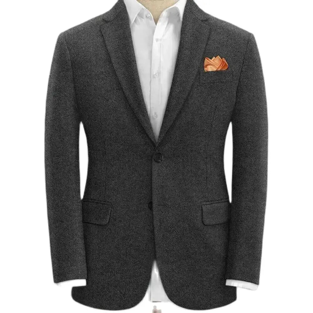 (Only Coat) Men's Suit Brown Herringbone Blazer Prom Tuxedos Wool Tweed Notch Lapel Two Buttons Bussiness/Wedding Jacket Tops