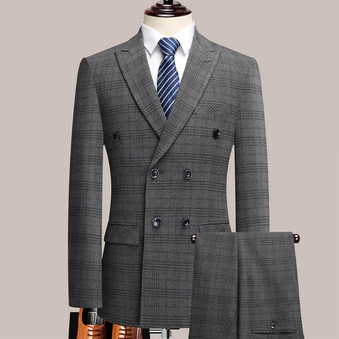 Men Suit Gray 2 Pieces Grid Stripe Double Button With Lapel For Wedding Birthday Business Banquet Work Daily Jacket And Pants