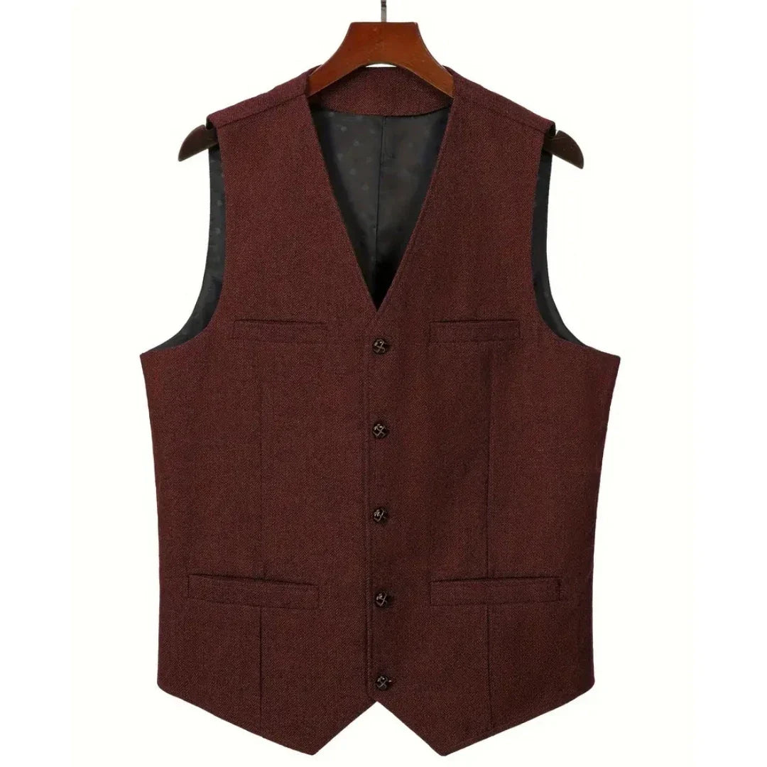 Men's Herringbone Suit Vest – V-Neck Single Button Waistcoat for Weddings, Business & Smart Casual Wear