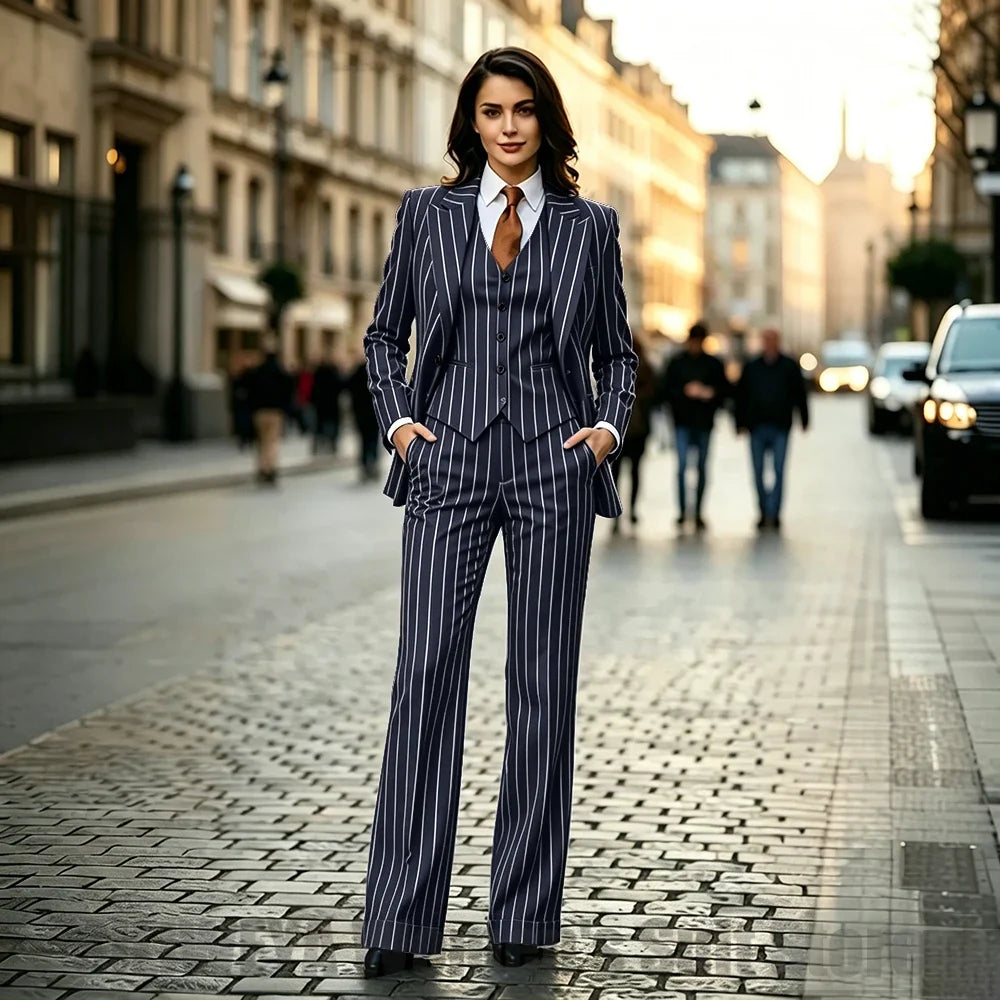 Chic Women Striped Suit 3 Piece Fashion Peak Lapel One Button Outfit Formal Office Work Casual Suits (Blazer+Vest+Pants)