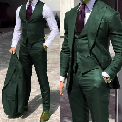 3PCS Men's Formal Tuxedo Set with Peaked Lapel Blazer Vest Pant Fashion Business Suits For Party Wedding Groom