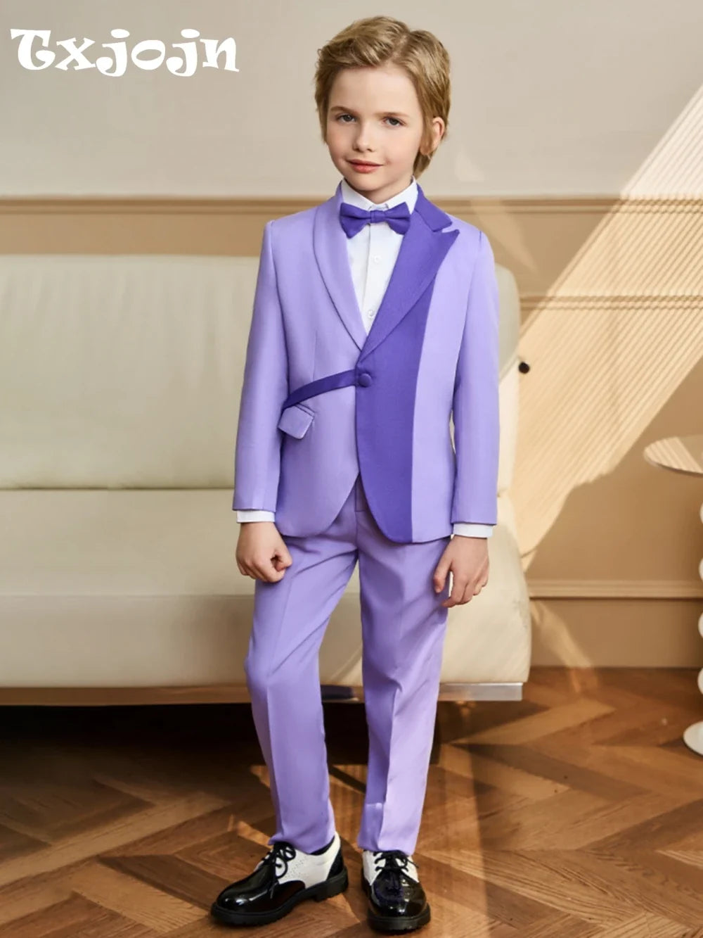 Txjojn Stylish Purple Kids Tuxedo 3 Pieces Blazer Pants With Bow-tie Dancing Wear Handsome Boys Full Sleeve Suits For Party