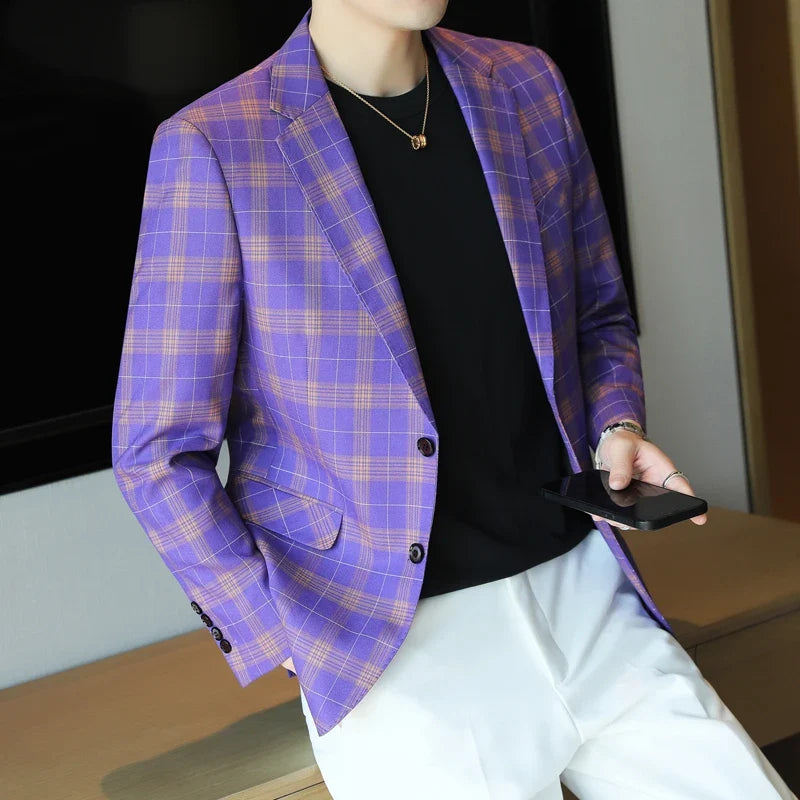 Checkered Suit Jacket for Men Single Breasted Casual Business Blazers Slim Fit Social Office Banquet Host Wedding Dress Jackets
