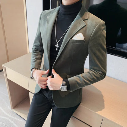 Men's Wool Blazer Single Breasted Smart Casual Solid Color Autumn Winter
