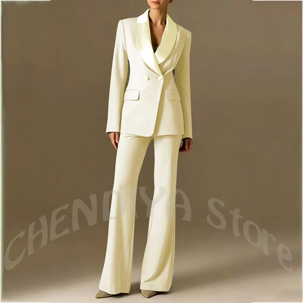 Classic Shawl Lapel Suit For Women Elegant Double Breasted Outfit Solid Color Two Piece Straight Modern Style Office Wear
