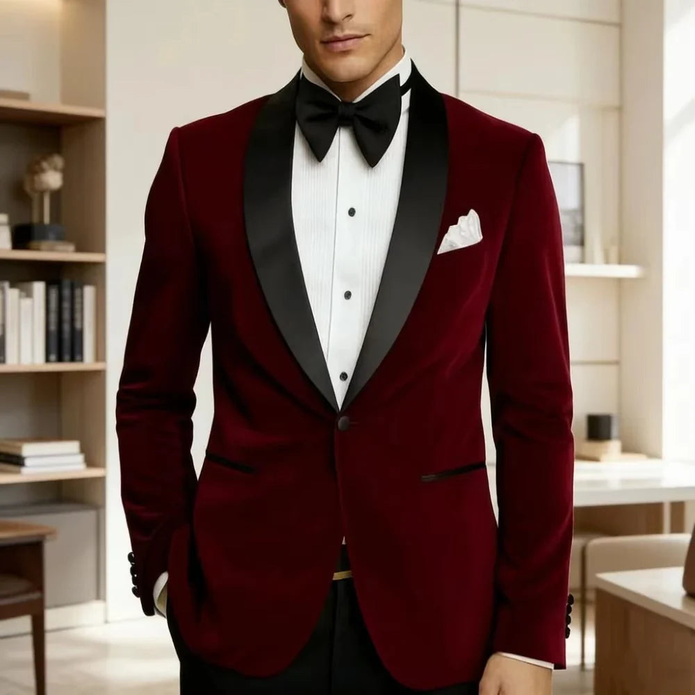 Men Velvet Slim Fit Suits 1 Piece Blazer Wedding Tuxedo Mix Match Glossy Black Satin Shawl Lapel Single Button Party Formal Wear