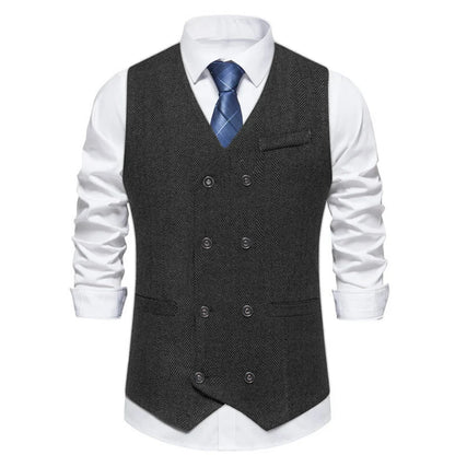 Men's Herringbone Vest Double Button V-Neck Waistcoat for Weddings & Business