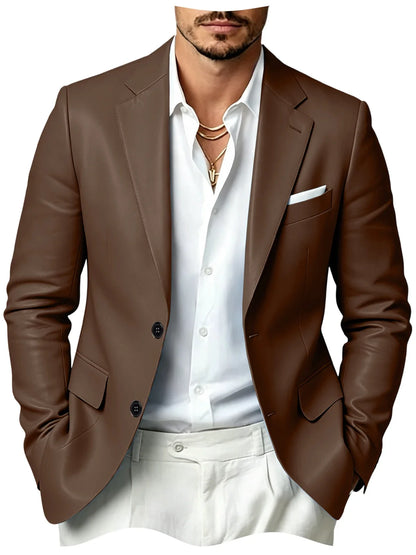Men's Faux Leather Blazer Slim Fit 2 Button Notched Lapel Suit Jacket Business Formal Leather Sport Coat For Wedding Party