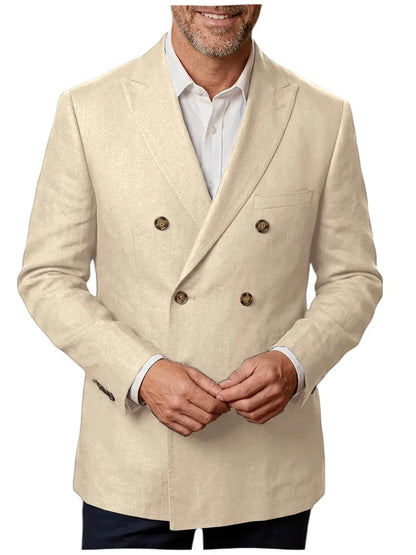 Men's Linen Blazer Double Breasted Casual Business 1Piece Jacket Slim Fit Formal Coat For Wedding Party Office Streetwear