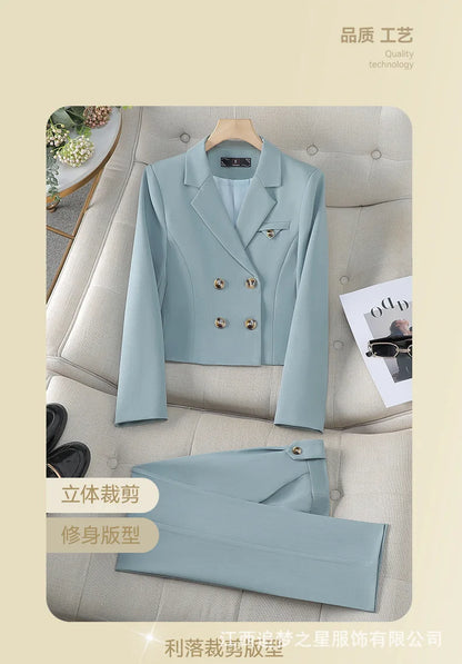 Blue Suit Women 2024 New Spring High End Fashion Temperament Professional Short Blazer And Pants Sets Office Ladies Work Wear