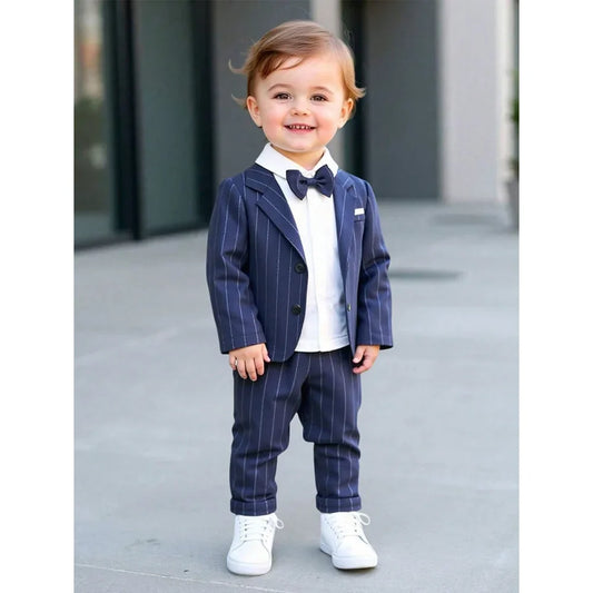 Navy Blue Striped Suits for Boy Chic Single Breasted Notch Lapel Kids Outfits Formal Casual Fashion Baby Boy Clothes 2 Piece