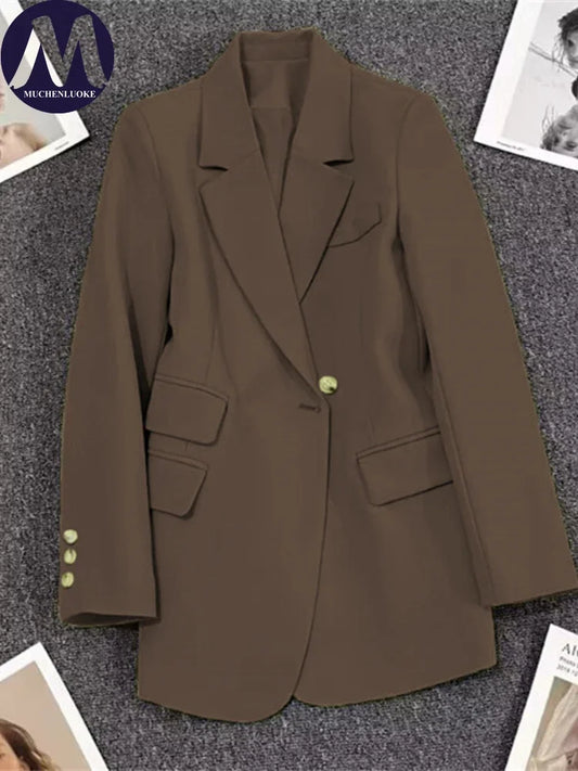 Women's Korean Fashion Long Sleeve Blazer Casual Loose One Button Office Coat Spring Autumn New Outerwears