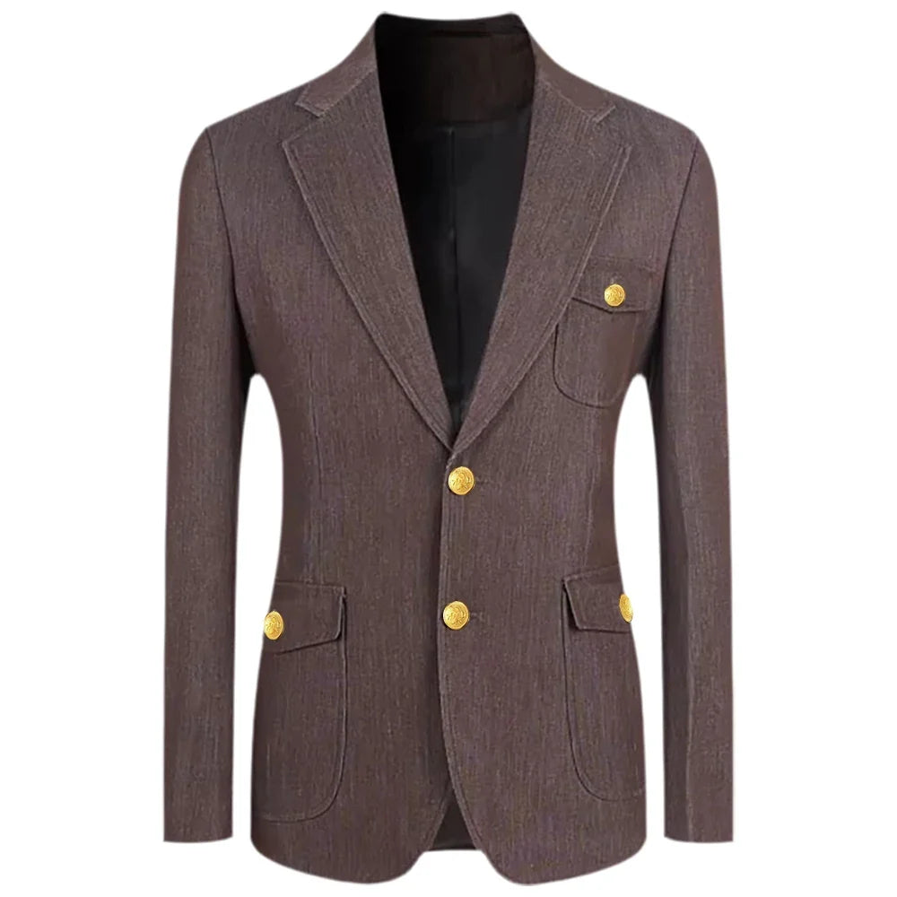 Men's Denim Suit Jacket Classic Notched Lapel Slim Fit Gold Buttons Multiple Pockets Formal Blazer Business Casual Daily Wear