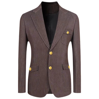 Men's Denim Suit Jacket Classic Notched Lapel Slim Fit Gold Buttons Multiple Pockets Formal Blazer Business Casual Daily Wear