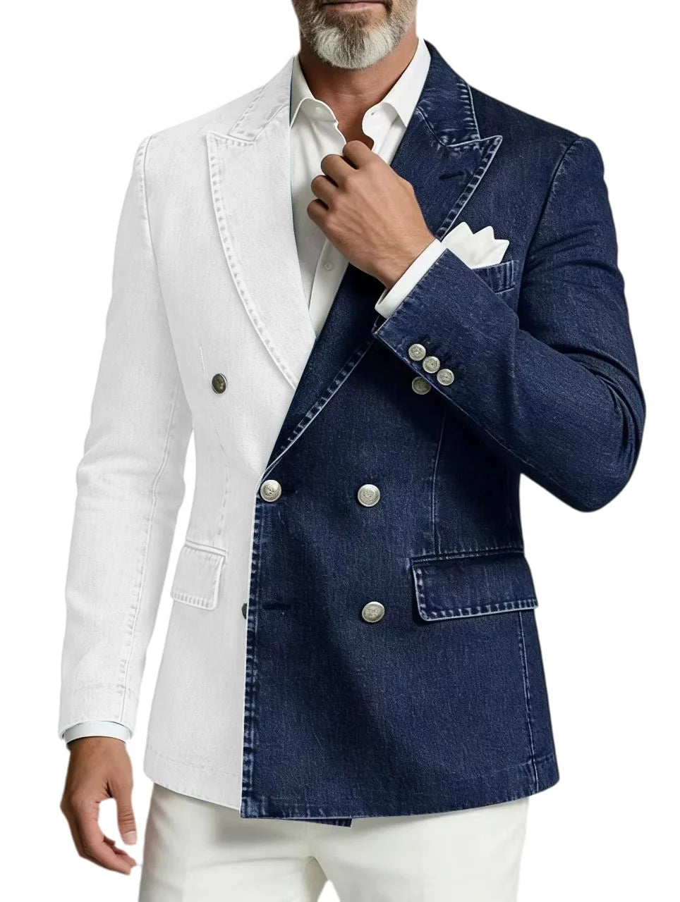 Men's Double Breasted Denim Blazer – Peak Lapel Slim Fit Jacket for Casual & Party Wear