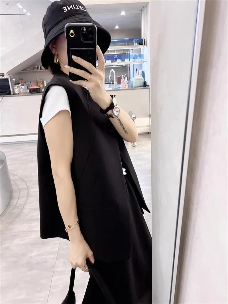 Ladies Solid Color Vest Top Outwear Korean Femme Casual Suit Collar Sleeveless Jacket Spring Women Fashion Loose Waistcoat Coat