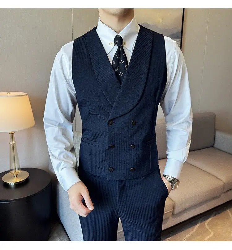 Korean Slim Fitt Wedding Suit Fashion Striped Double Breasted Suit 3 Piece Set Business Formal Casual Party Prom Host Suits