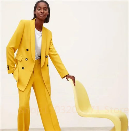 Pant Suits Outfit Womens Matching Sets Pants Elegant Shawl Lapel Double Breasted Blazer Suit Set Yellow 2 Pieces For Women