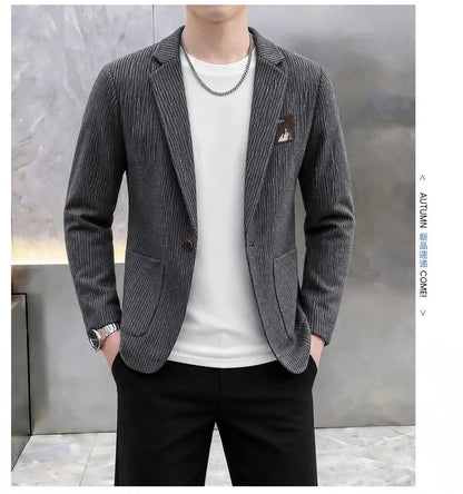 Autumn Winter Suit Jacket Men's Korean Slim Fit Striped Casual Blazers Wedding Business Streetwear Social Dress Jackets 2026