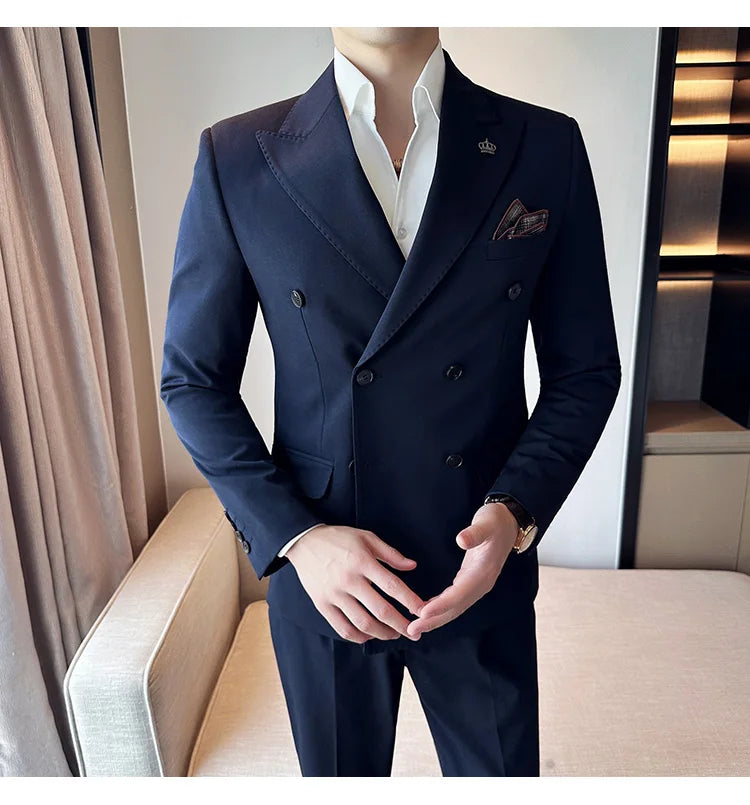 (Blazer + Trousers) Fashion Double Breasted Design Slim Men's Suit Italian Style Luxury Wedding Social Party Tuxedo 2 Piece Set