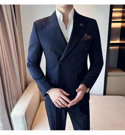 (Blazer + Trousers) Fashion Double Breasted Design Slim Men's Suit Italian Style Luxury Wedding Social Party Tuxedo 2 Piece Set