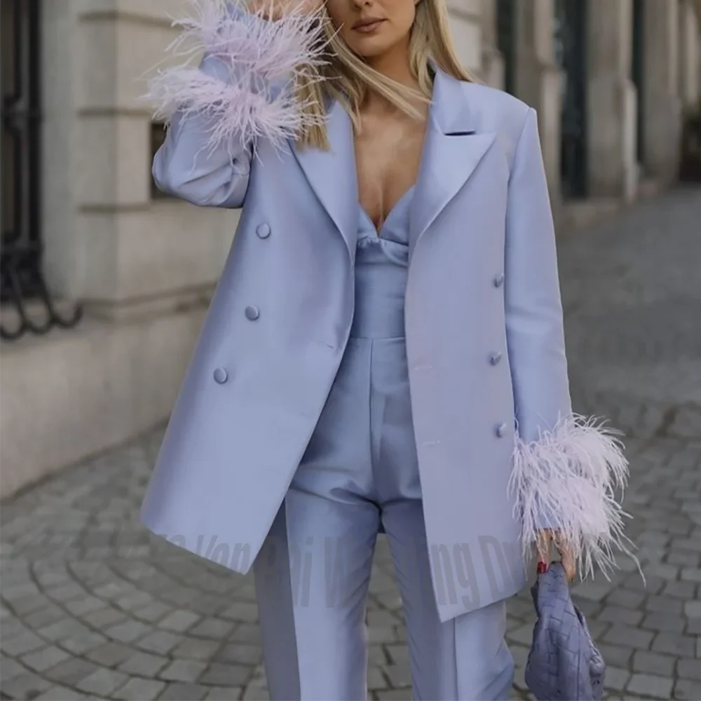 Classic Satin Women's Suit Set 2 Piece Exquisite Feather Double Breasted Jacket With Pants Evening Party Luxury Trouser Suits