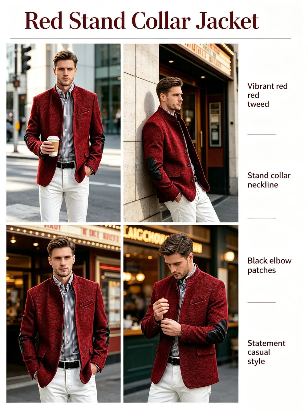 Men's Herringbone Tweed Blazer With Elbow Patches Retro Stand Collar Jacket Slim Fit Daily Party Business Casual Sport Coat ﻿