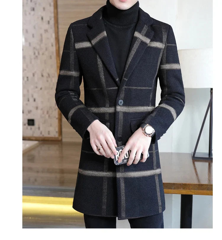 Korean Fashion Woolen Coat Men's Mid-Length Slim-Fit Trench Youth Business Casual 2023 Autumn Winter New Style