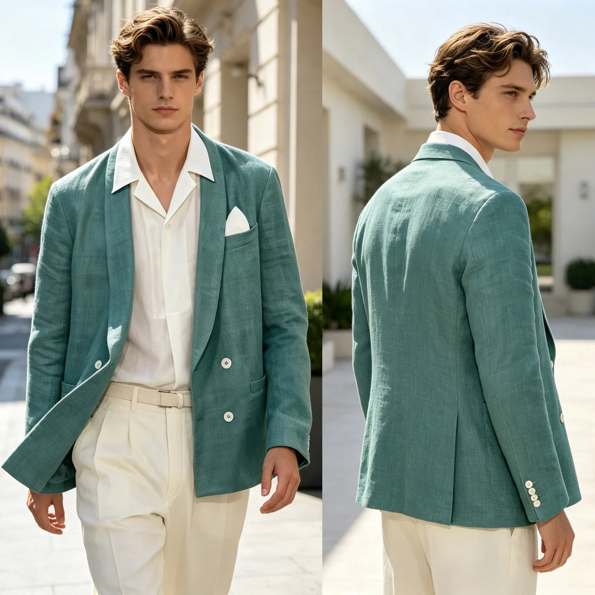 Summer Cotton Linen Blend Men Blazer Double Breasted Casual Suit Jacket Lightweight Soft Elegant Dress Coat For Prom Work Party