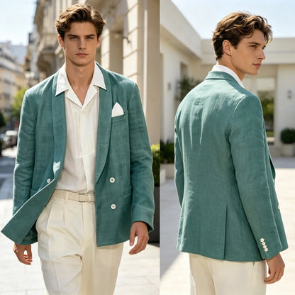 Summer Cotton Linen Blend Men Blazer Double Breasted Casual Suit Jacket Lightweight Soft Elegant Dress Coat For Prom Work Party