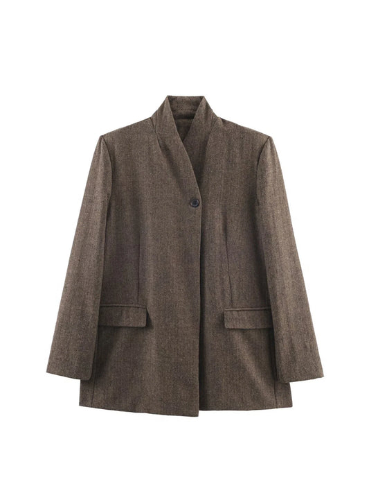 Women's Brown Blazer Jacket Vintage Office Ladies Long Sleeve Oversize Outerwear Single Breasted Suit Coat Y2k 2000s Autumn 2025