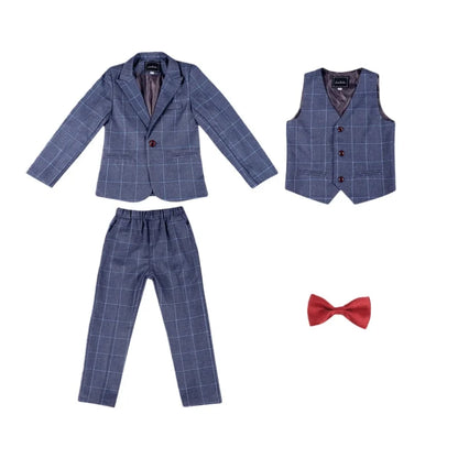 Boys 4Pieces Blue Plaid Suit Set With Jacket Vest Pants Bowtie Kids Formal Wedding Birthday Performance Photography Outfit