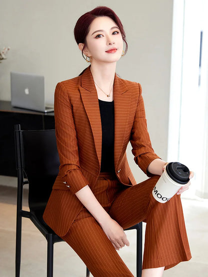 Caramel Green Striped Ladies Pant Suit 2025 Autumn Women Business Work Wear Single Button Jacket and Trouser Blazer 2 Piece Set