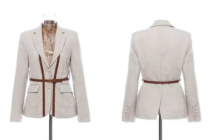Women Blazer Contrast Color Spliced PU Leather Belted Slim Fit Single Breasted Elegant Urban High-end Jacket Spring HK10667