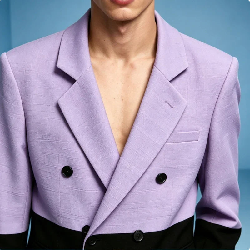 Men's Linen Color Block Blazer Double Breasted Notch Lapel Lightweight summer Sport Coat Fashion Jacket for Party & Streetwear