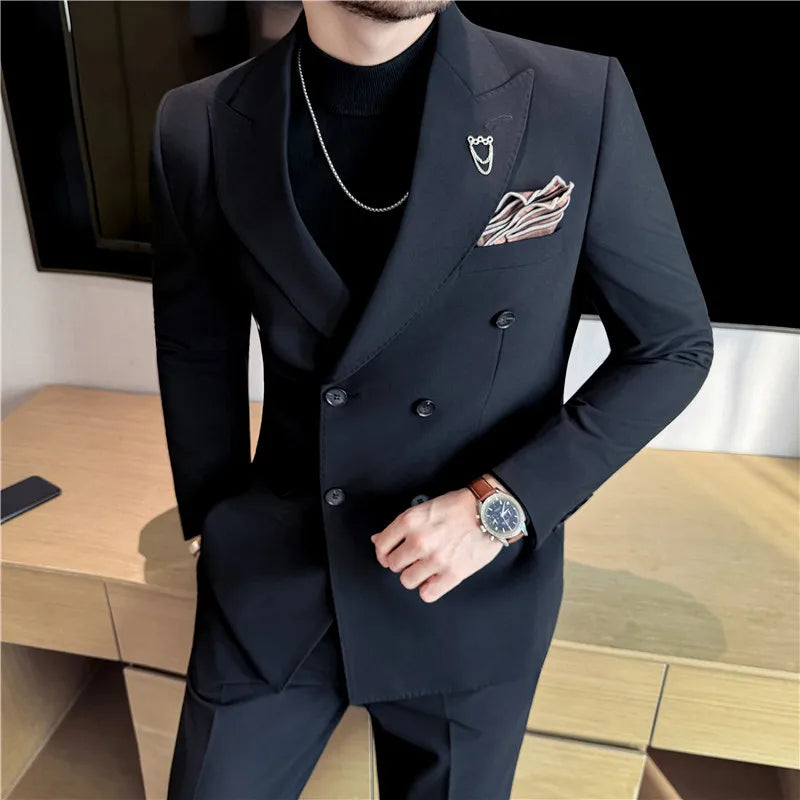 (Jacket + Pants) Fashion Double Breasted Design Slim Men's Suit Italian Style Luxury Wedding Social Party Tuxedo 2 Piece Sets