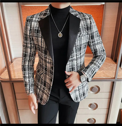 British Style Woven Suit Jacket Men Fashion Plaid Casual Business Blazer Gentleman Versatile Banquet Party Groom Wedding Coats