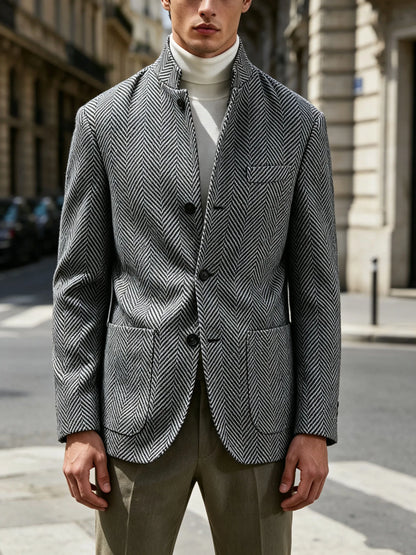 Men's Herringbone Tweed Stand Collar Blazer  Notch Lapel Slim Fit Wool Blend Sport Coat Business Casual Wedding Prom Man Jackets