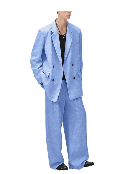 Men's Linen Double Breasted Suit – Slim Fit 2-Piece Blazer & Straight Leg Pants for Summer Weddings & Business