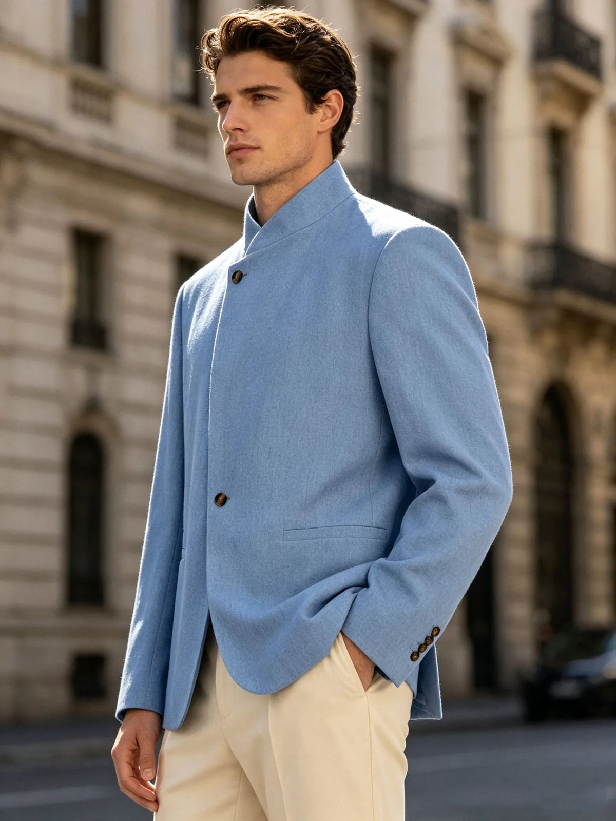  Mandarin Collar Men‘s Blazer Linen Blend Chinese Stand Collar Men Jacket Asymmetric Button Breathable Men Coat Wedding Party