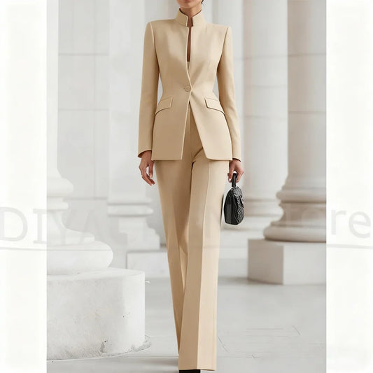 Women's Stand Collar Suit Chic One Button Formal Party Evening Outfit High Quality Business Casual Slim Fashion Pants Sets