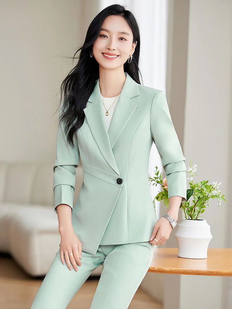 Elegant Green Apricot Black Ladies Pant Suit Women Female Business Work Wear Jacket and Trouser Blazer 2 Piece Set