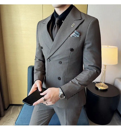 Korean Slim Fitt Wedding Suit Fashion Striped Double Breasted Suit 3 Piece Set Business Formal Casual Party Prom Host Suits